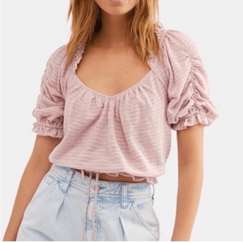 Free People Dorothy Fawn Pink CropTop Blouse Tie Front Ruffle Striped Boho